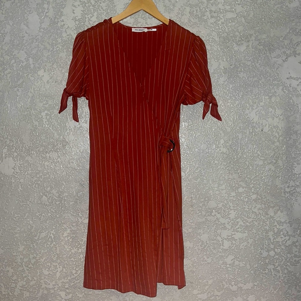 Blu Pepper Tie Dress - Medium - Burnt Orange with White Pinstripes